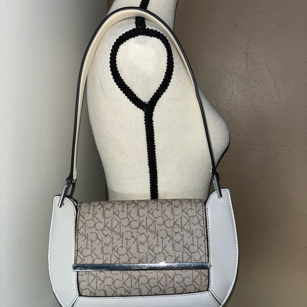 Calvin Klein Beige and White Logo Shoulder Bag